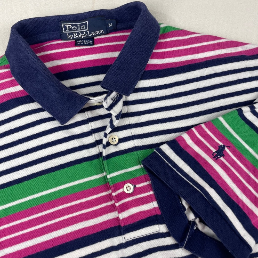 Vtg 90s Polo Ralph Lauren Striped Polo Shirt Mens Medium Made in USA Pink Green